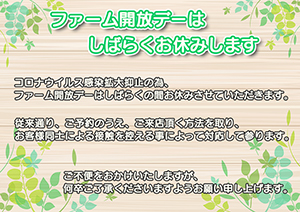 ファーム開放デーはしばらくお休みさせていただきます ファーム開放デーはしばらくお休みさせていただきます
